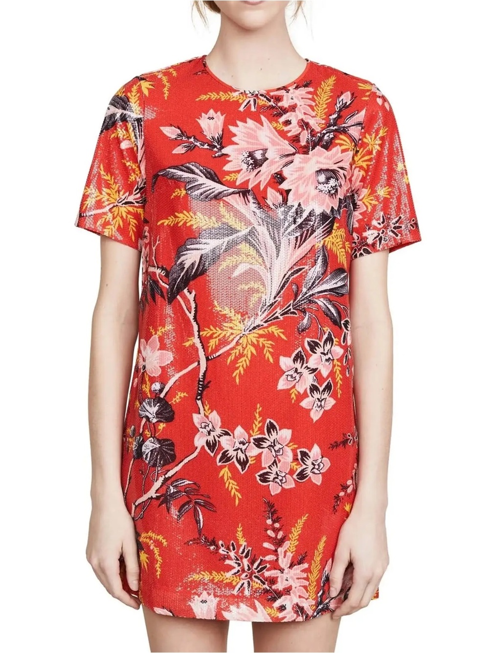 Diane von Furstenberg Sequin Fluid Dress in the "Avalon Poppy" red floral print